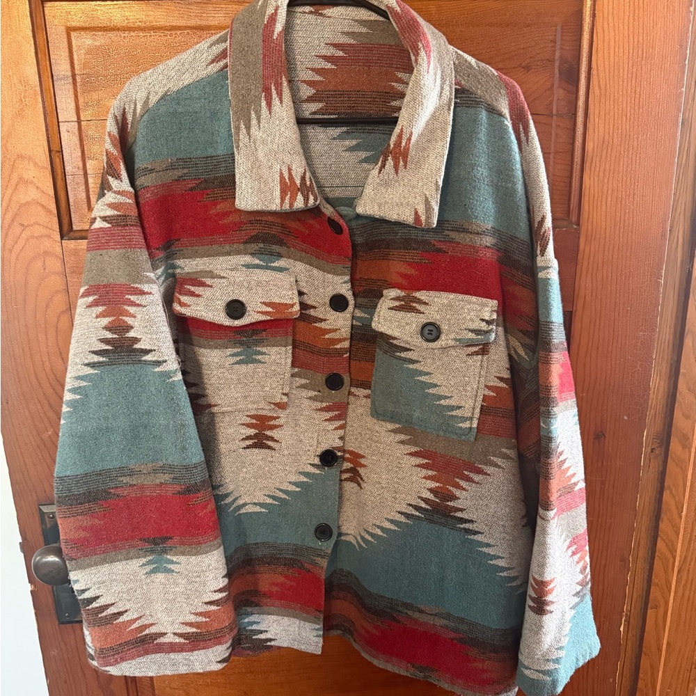 SHEIN Aztec Print Jean-Style Jacket in Teal, Red & Beige